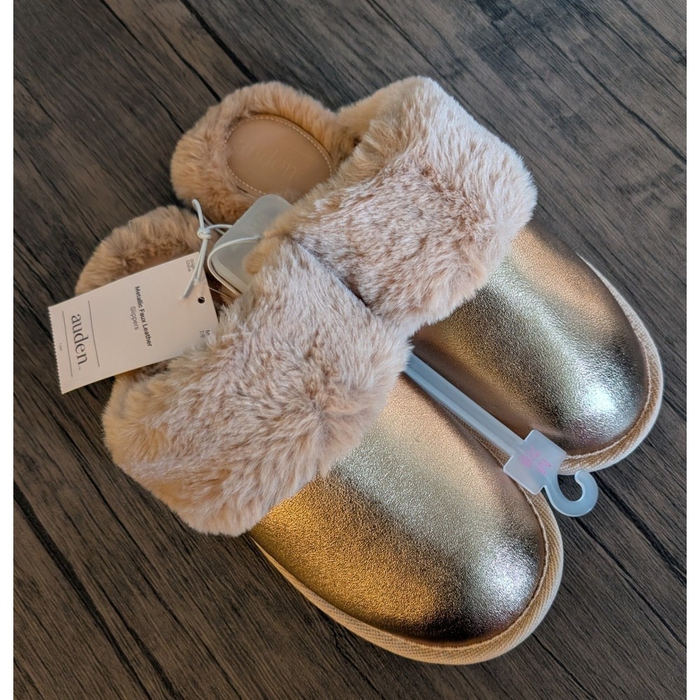 Auden Women's Metallic Faux Fur Slippers Beige Rose M 7/8 NWT